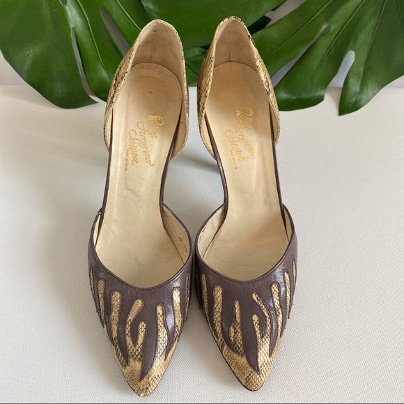 VTG Rosina Ferragamo Schiavone Leather/Snakeskin Heel Pump Flame Embossed 8.5N - Picture 3 of 9